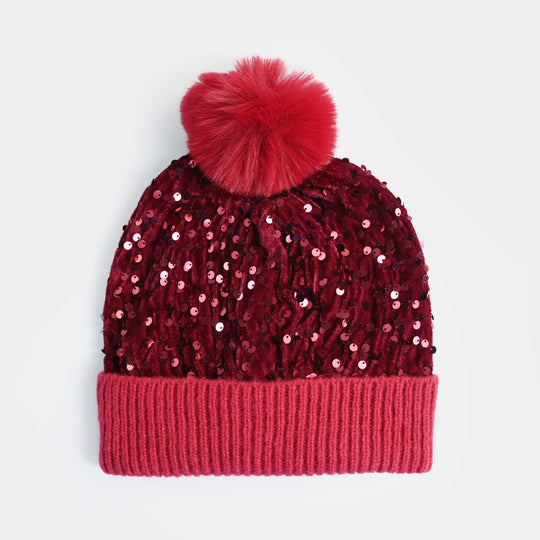 Girls Acrylic Woolen Cap - Lurex - Red