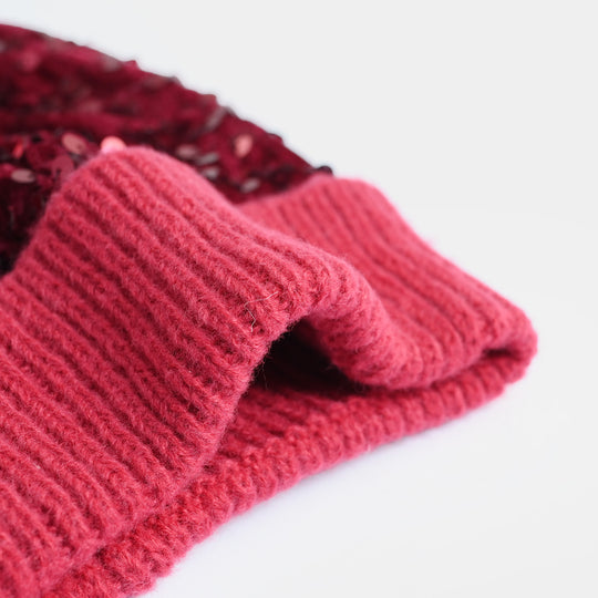 Girls Acrylic Woolen Cap - Lurex - Red