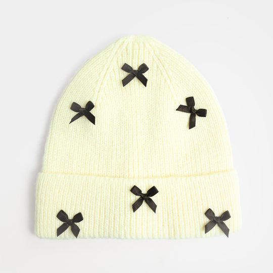 Girls Acrylic Woolen Cap - Bow - White