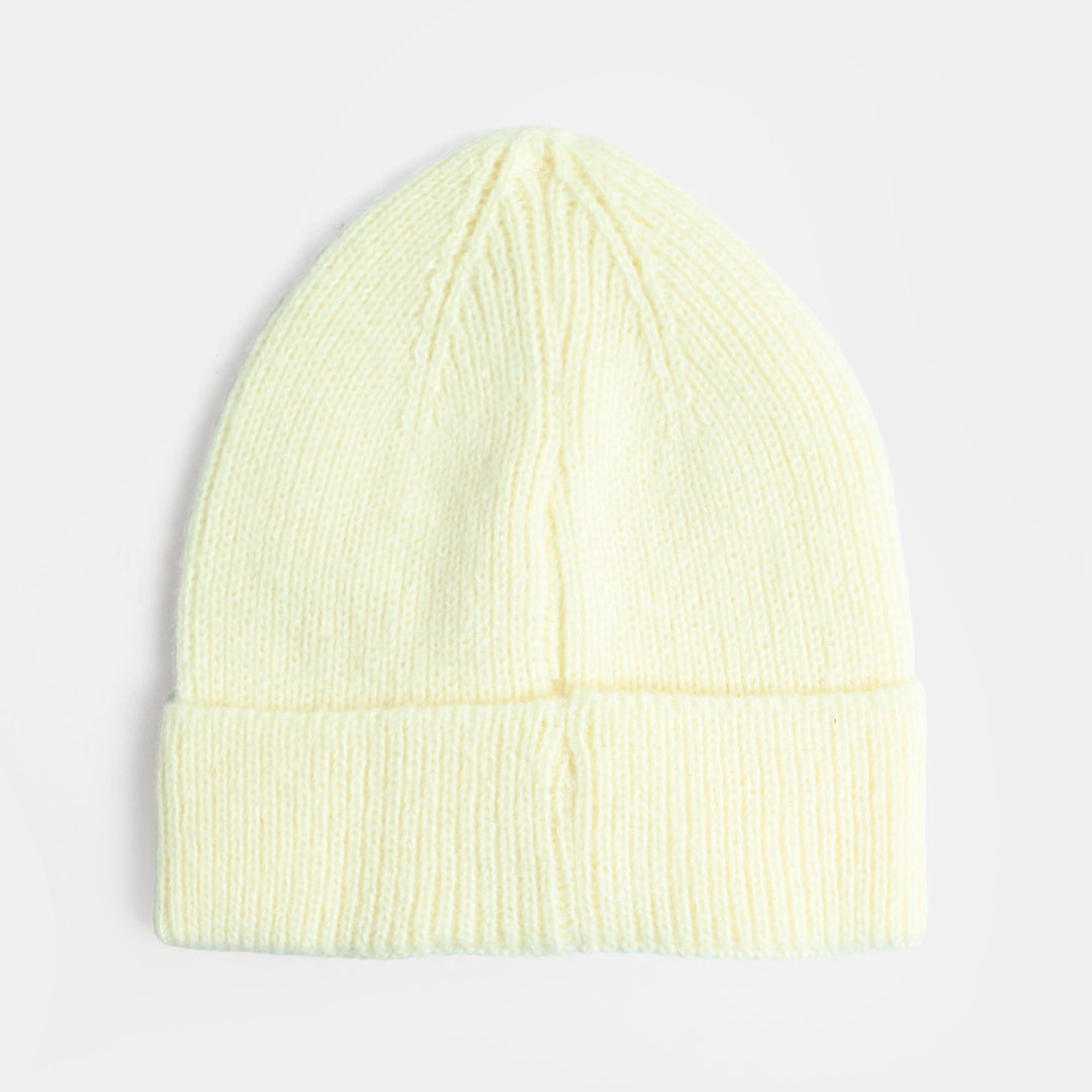 Girls Acrylic Woolen Cap - Bow - White