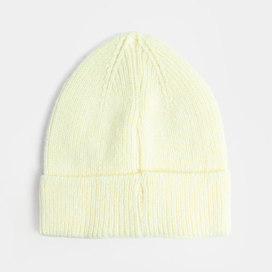 Girls Acrylic Woolen Cap - Bow - White