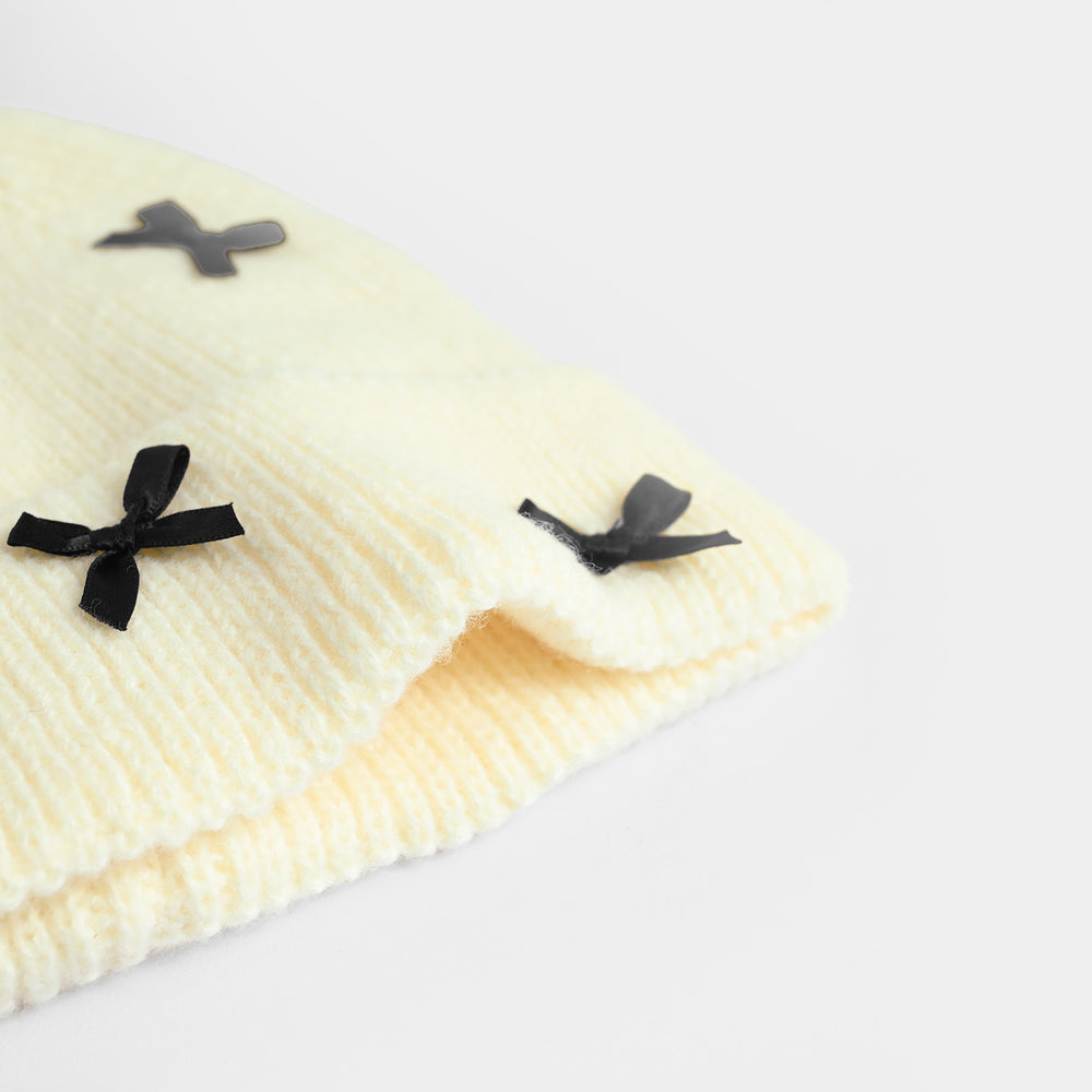 Girls Acrylic Woolen Cap - Bow - White