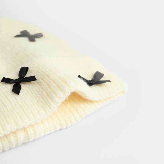 Girls Acrylic Woolen Cap - Bow - White