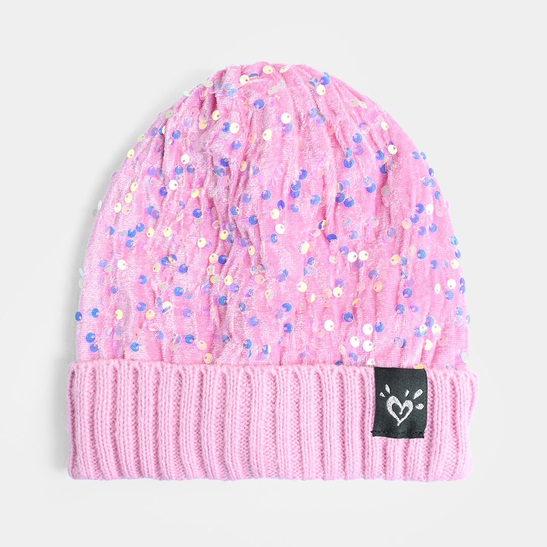 Girls Acrylic Woolen Cap - Glitter - Pink