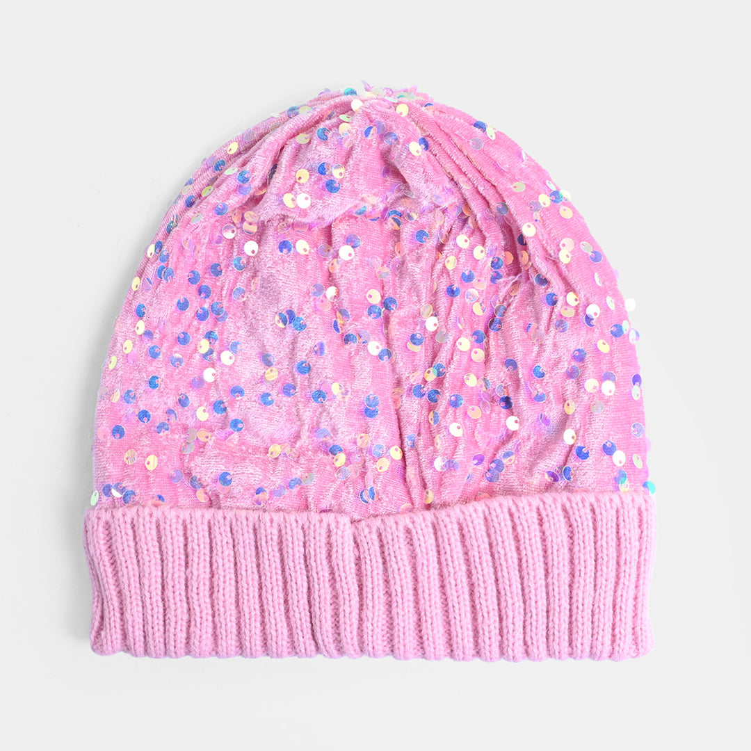 Girls Acrylic Woolen Cap - Glitter - Pink
