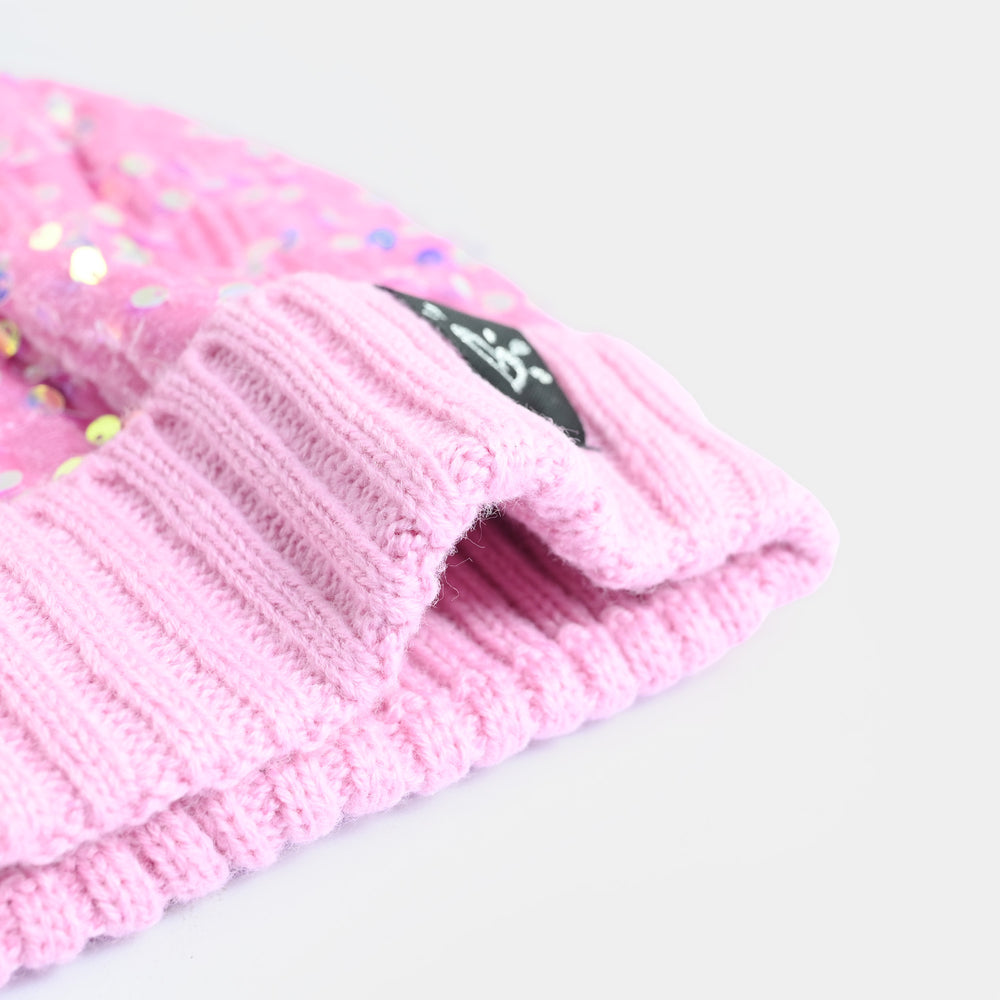 Girls Acrylic Woolen Cap - Glitter - Pink
