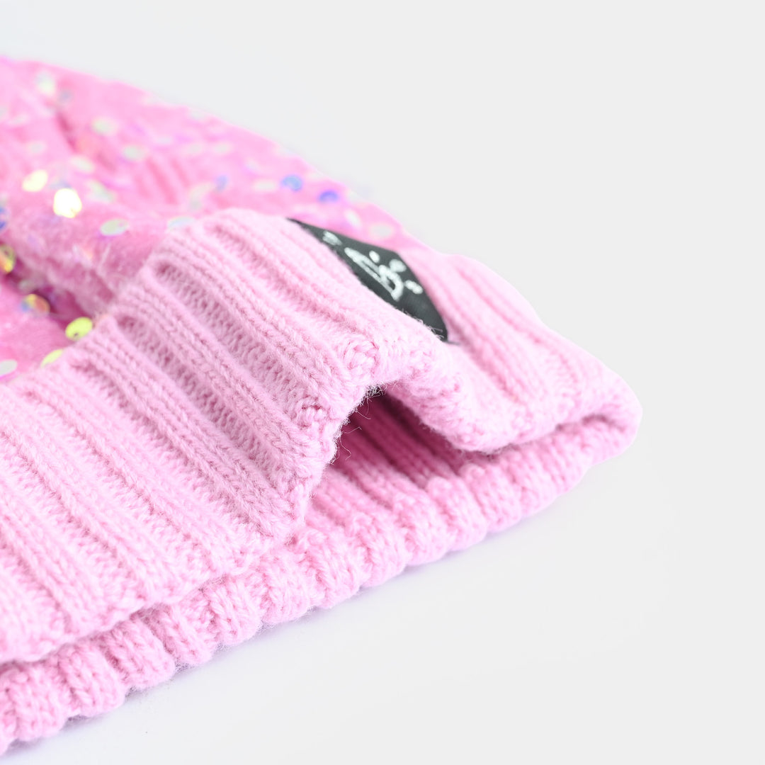 Girls Acrylic Woolen Cap - Glitter - Pink