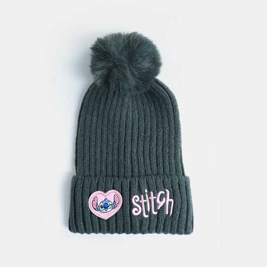 Girls Acrylic Woolen Cap - Stitch - Black