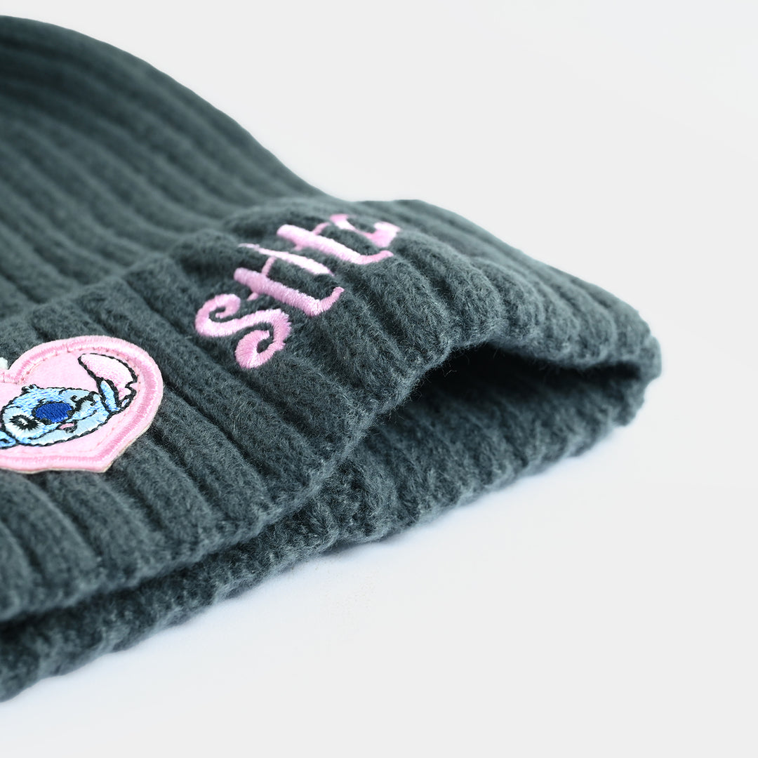 Girls Acrylic Woolen Cap - Stitch - Black
