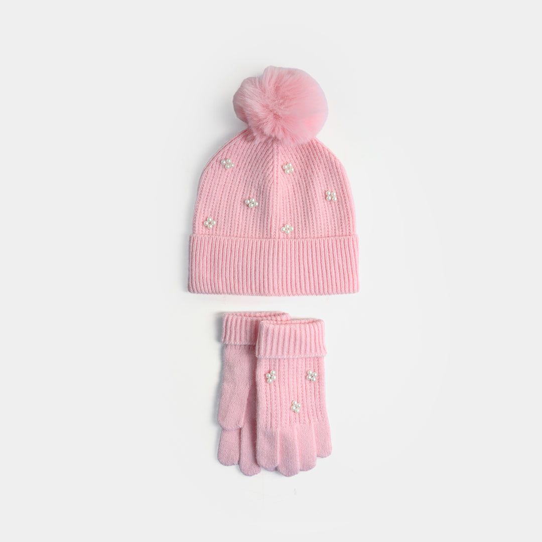 Girls Acrylic Woolen Cap - Fancy Pearls - Pink