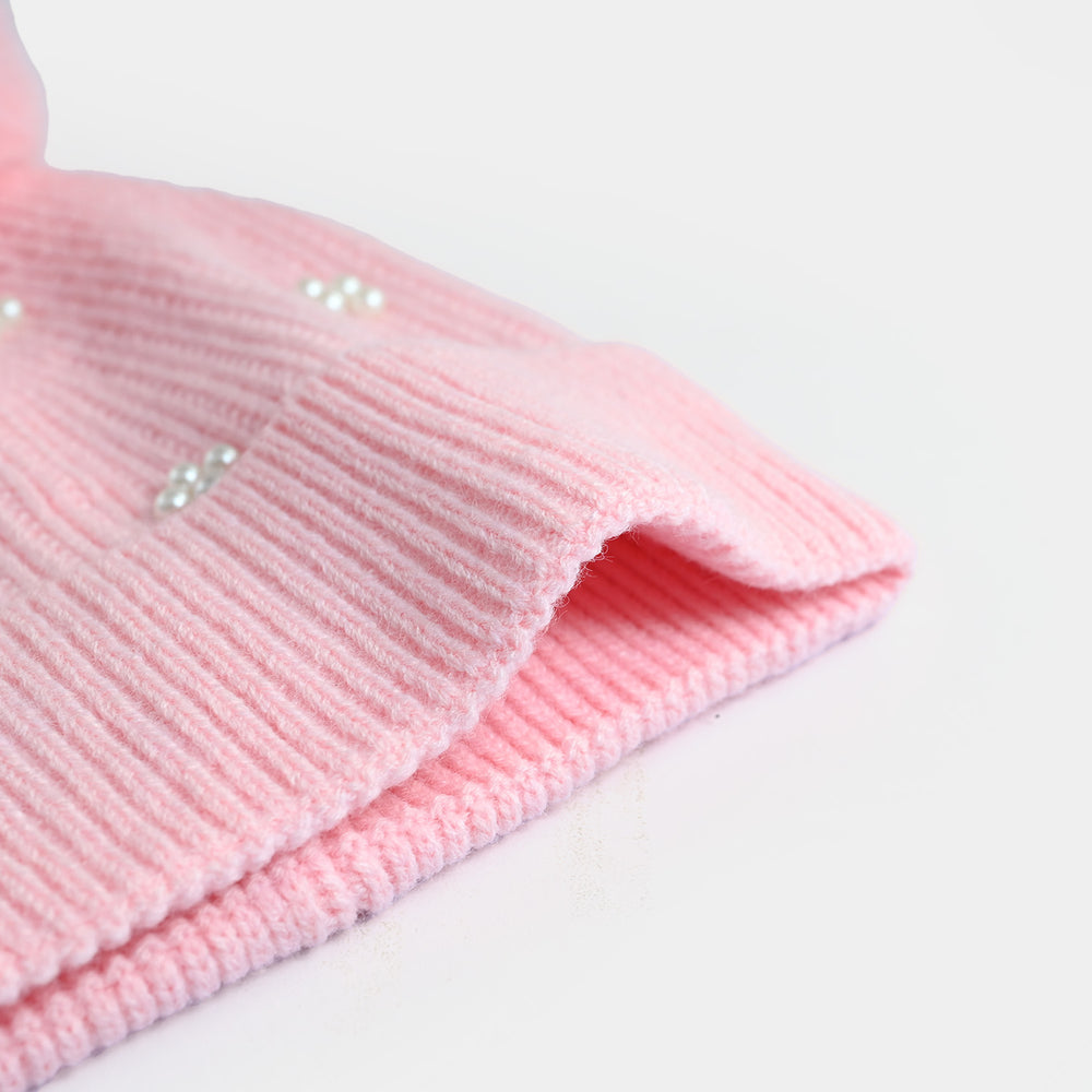 Girls Acrylic Woolen Cap - Fancy Pearls - Pink