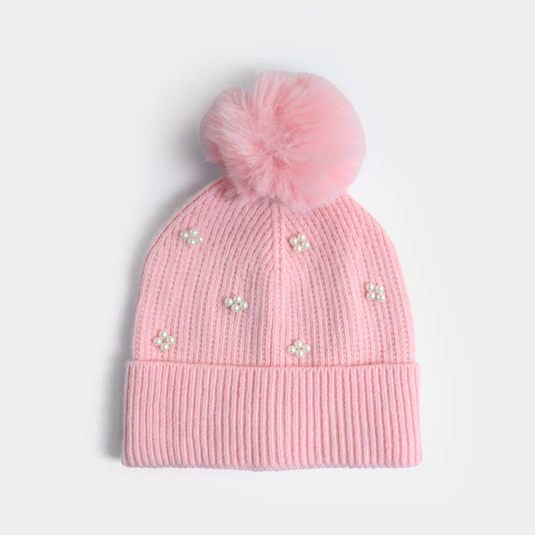 Girls Acrylic Woolen Cap - Fancy Pearls - Pink