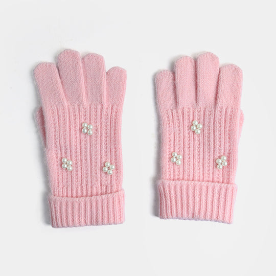 Girls Acrylic Woolen Cap - Fancy Pearls - Pink
