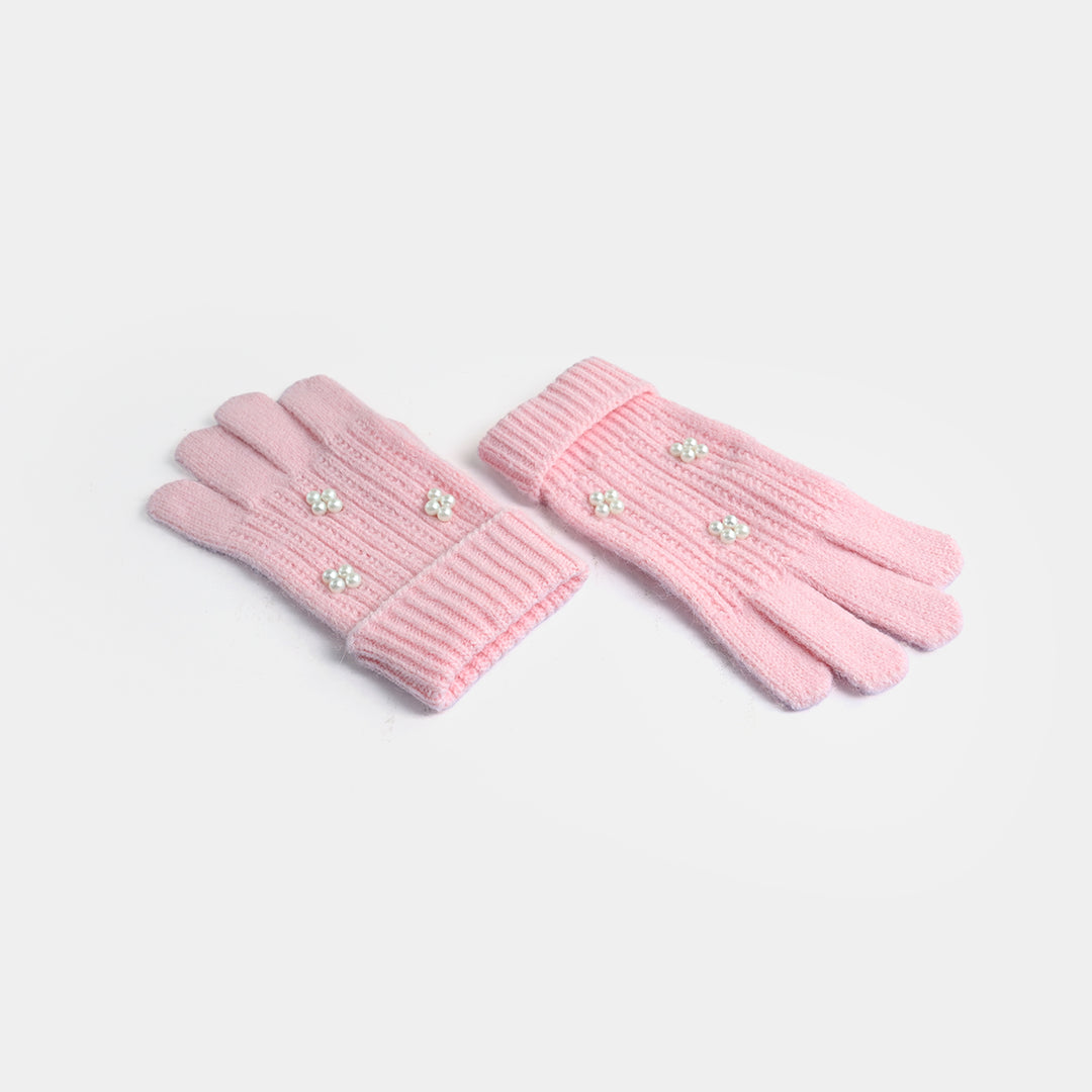 Girls Acrylic Woolen Cap - Fancy Pearls - Pink