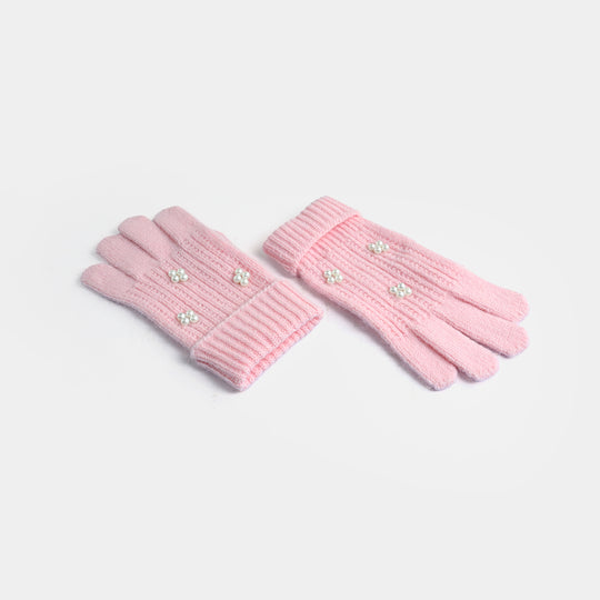 Girls Acrylic Woolen Cap - Fancy Pearls - Pink