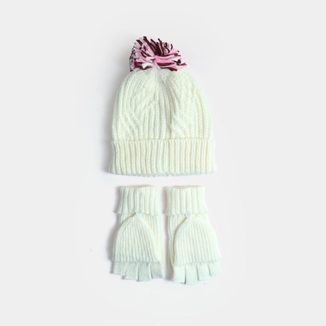 Girls Acrylic Woolen Cap - Snowy - White