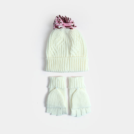 Girls Acrylic Woolen Cap - Snowy - White