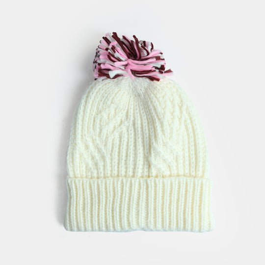 Girls Acrylic Woolen Cap - Snowy - White
