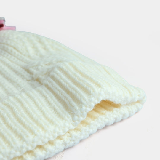 Girls Acrylic Woolen Cap - Snowy - White