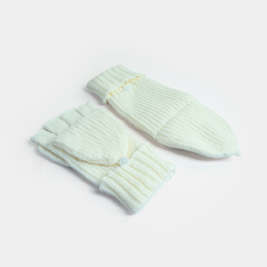 Girls Acrylic Woolen Cap - Snowy - White