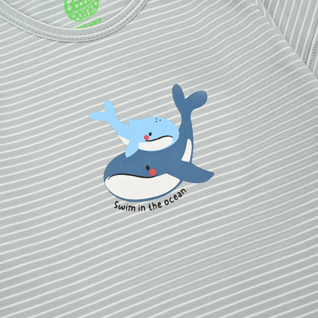 Infant Boys Yarn Dyed Basic Romper Lets Swim-Grey