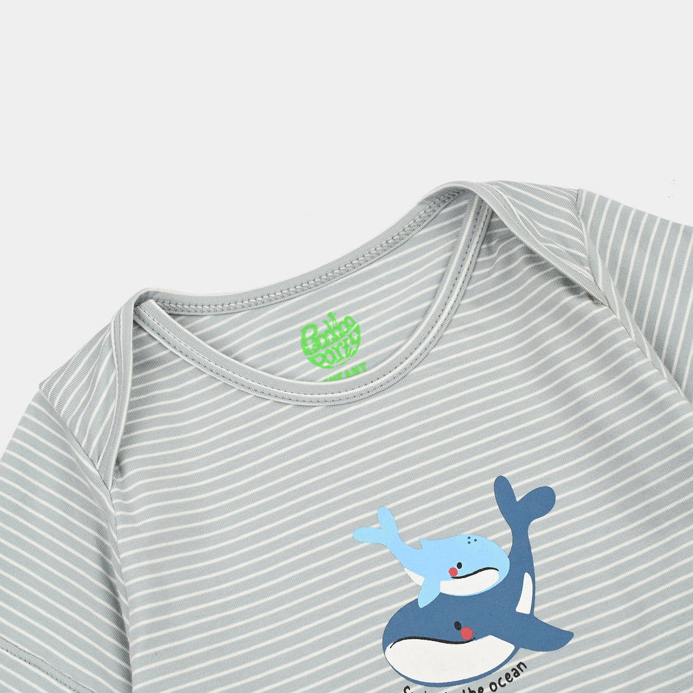 Infant Boys Yarn Dyed Basic Romper Lets Swim-Grey