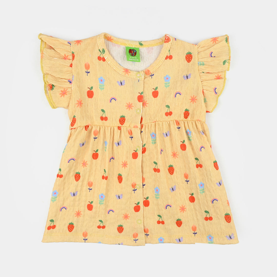 Infant Girls Seer Sucker Frock Fruits-Yellow