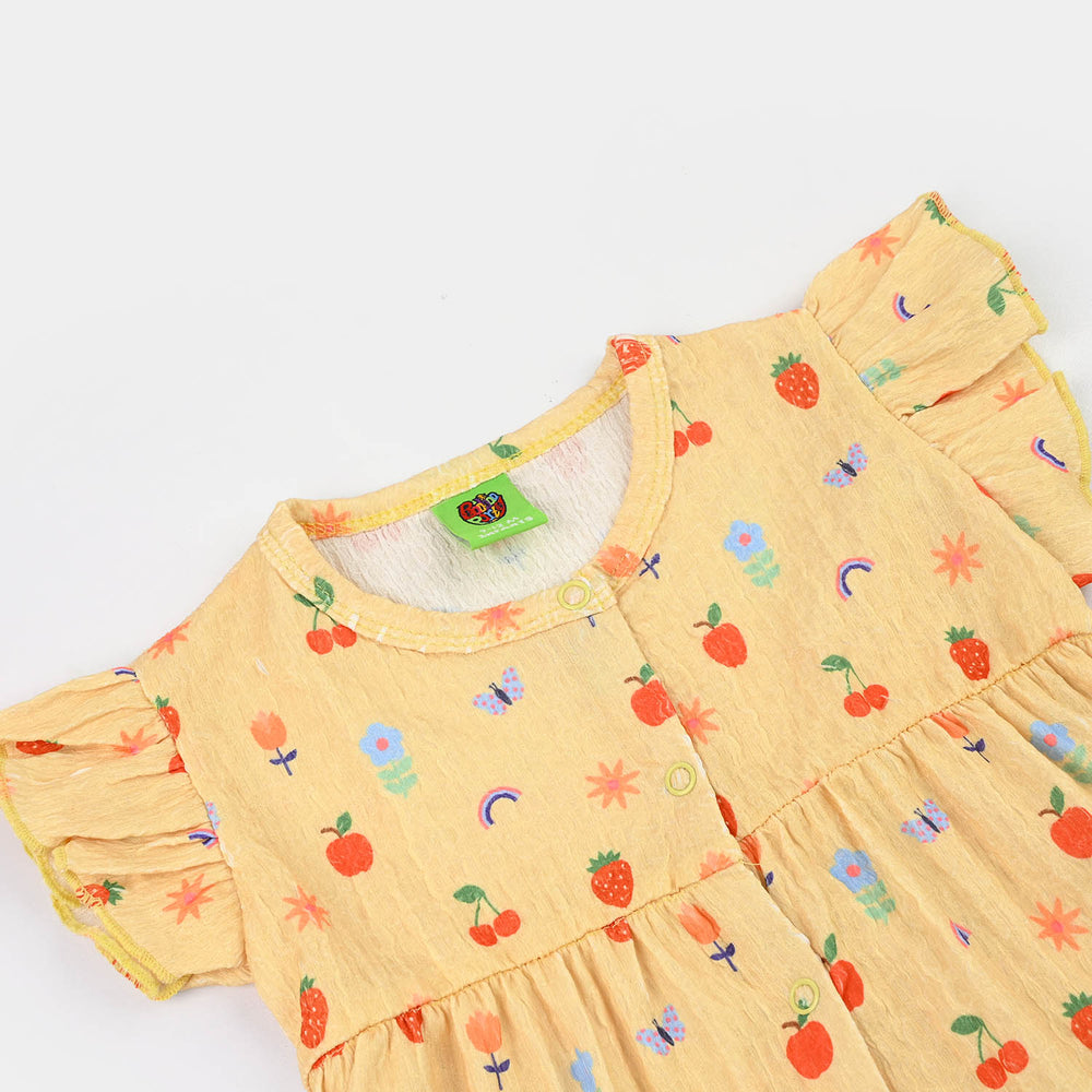 Infant Girls Seer Sucker Frock Fruits-Yellow