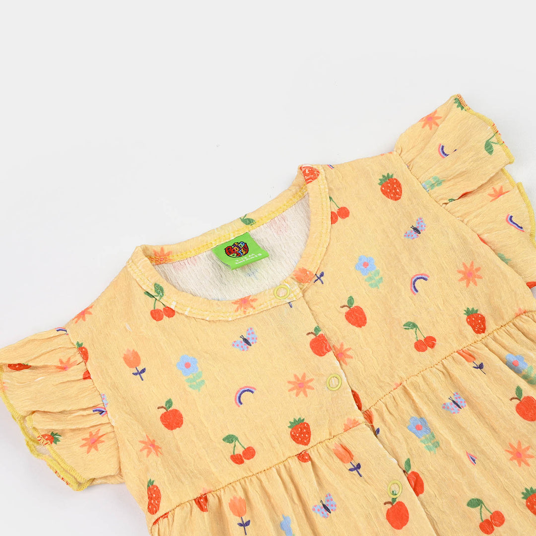 Infant Girls Seer Sucker Frock Fruits-Yellow