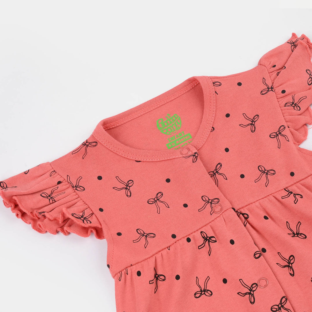 Infant Girls Cotton Interlock Fashion Romper Doted Bow-Pink