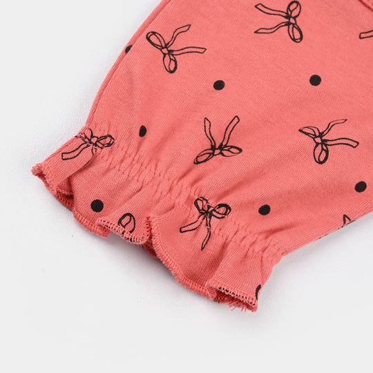 Infant Girls Cotton Interlock Fashion Romper Doted Bow-Pink