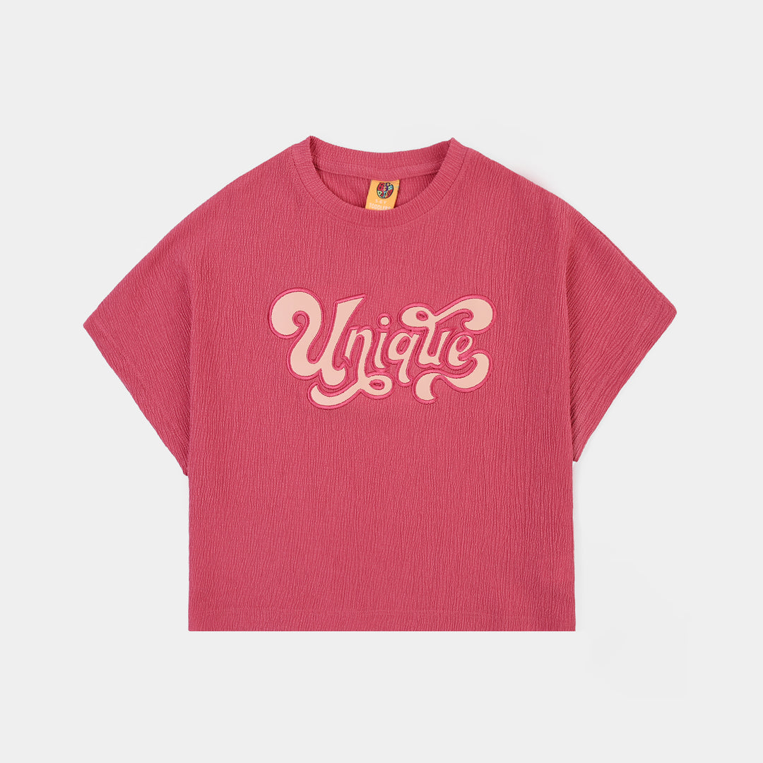 Girls Poly Crinkle 2 Piece suit Unique-Pink