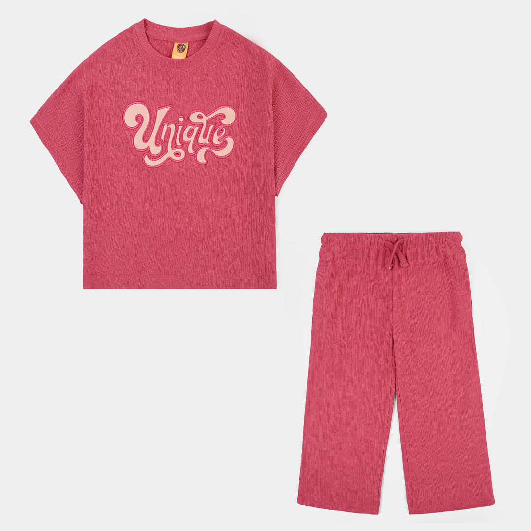Girls Poly Crinkle 2 Piece suit Unique-Pink