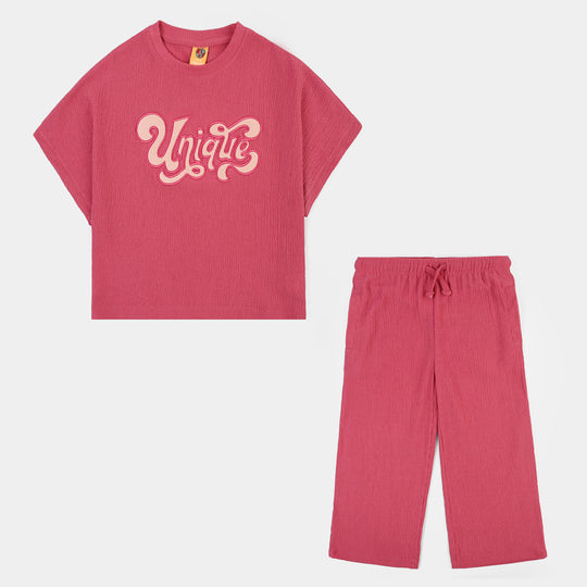 Girls Poly Crinkle 2 Piece suit Unique-Pink