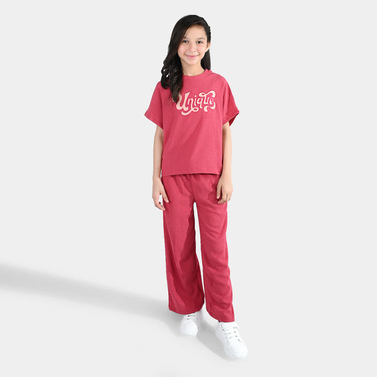Girls Poly Crinkle 2 Piece suit Unique-Pink