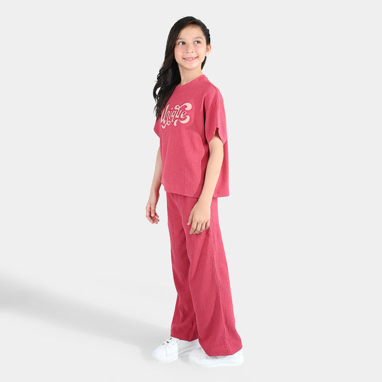 Girls Poly Crinkle 2 Piece suit Unique-Pink