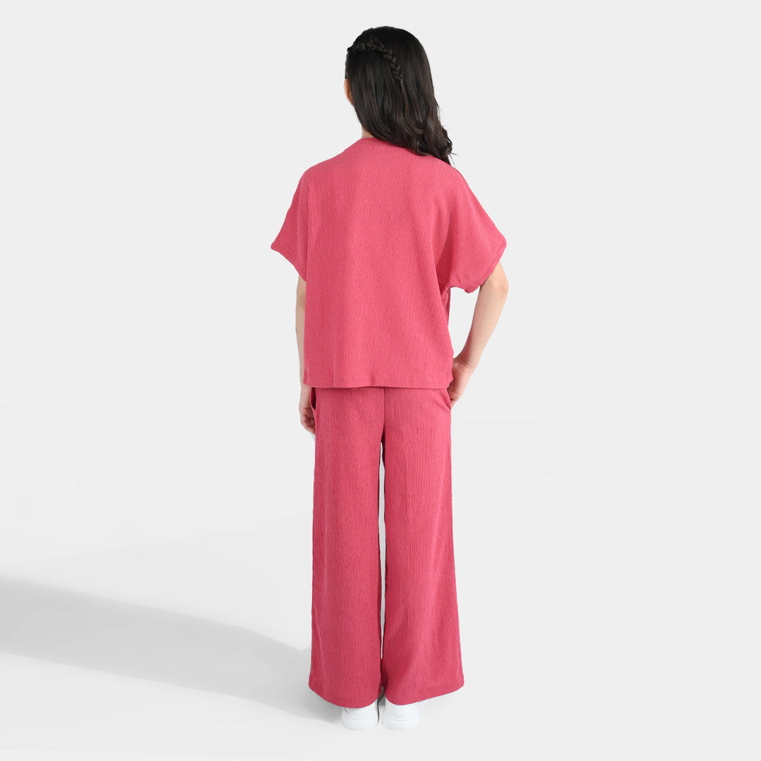 Girls Poly Crinkle 2 Piece suit Unique-Pink