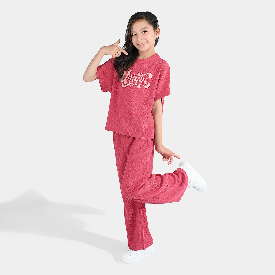 Girls Poly Crinkle 2 Piece suit Unique-Pink