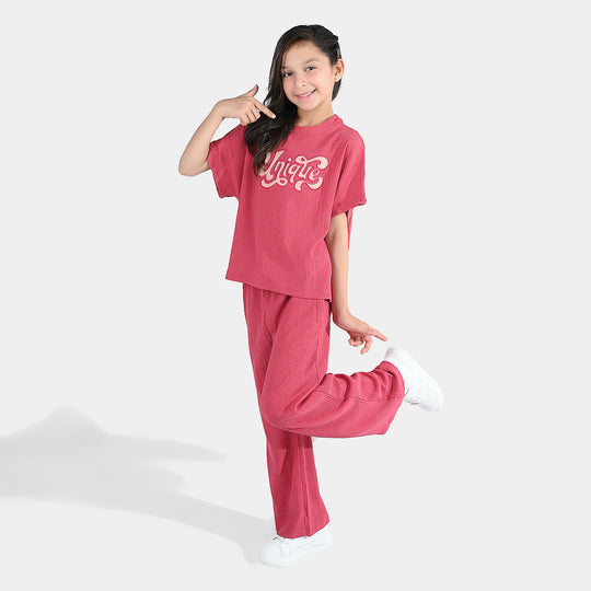 Girls Poly Crinkle 2 Piece suit Unique-Pink