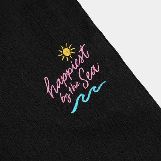 Girls Knitted Crinkle Pyjama Happiest By The Sea-BLACK