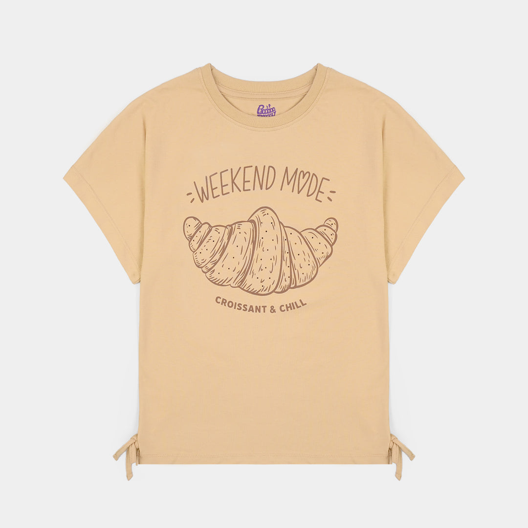 Girls Cotton Jersey T-Shirt H/S Weekend Mode-BROWN