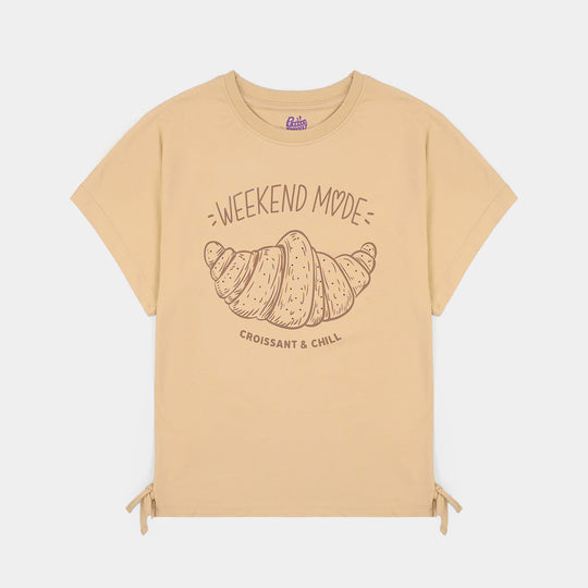 Girls Cotton Jersey T-Shirt H/S Weekend Mode-BROWN