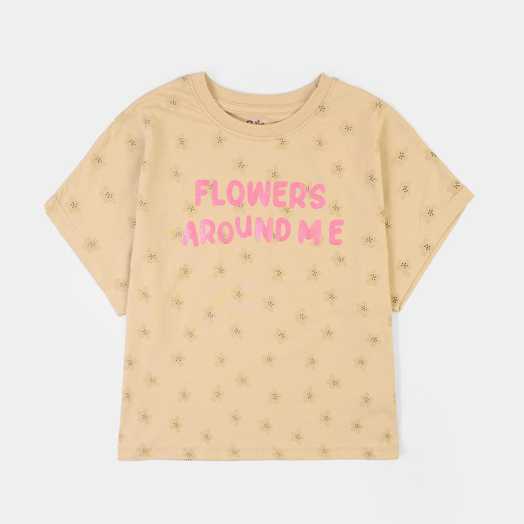 Girls Cotton Jersey T-Shirt H/S Flower Around Me-BROWN