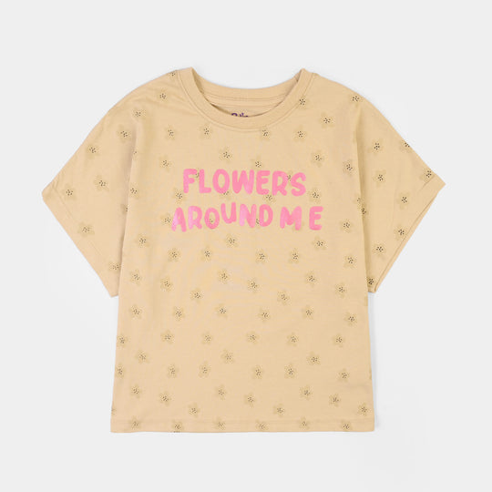 Girls Cotton Jersey T-Shirt H/S Flower Around Me-BROWN
