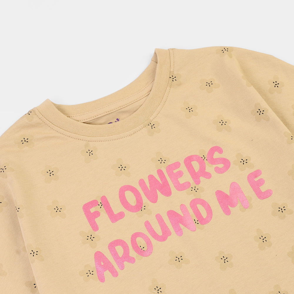 Girls Cotton Jersey T-Shirt H/S Flower Around Me-BROWN