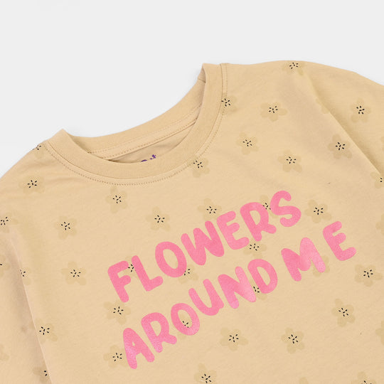 Girls Cotton Jersey T-Shirt H/S Flower Around Me-BROWN