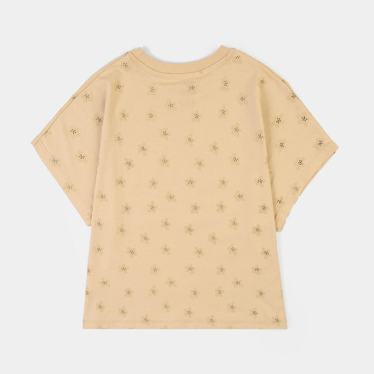 Girls Cotton Jersey T-Shirt H/S Flower Around Me-BROWN