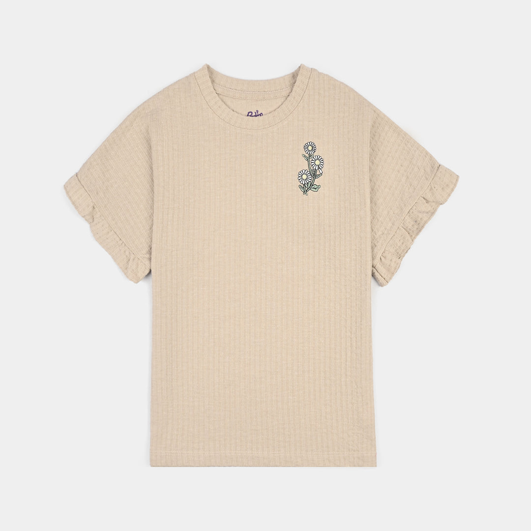 Girls Knitted Jacquard T-shirt Daisies-BROWN