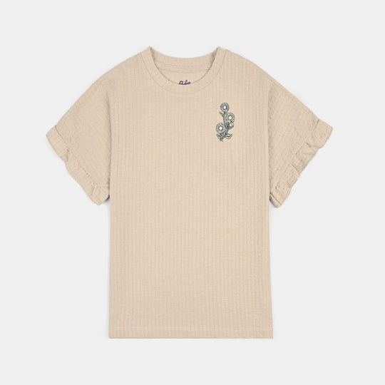 Girls Knitted Jacquard T-shirt Daisies-BROWN
