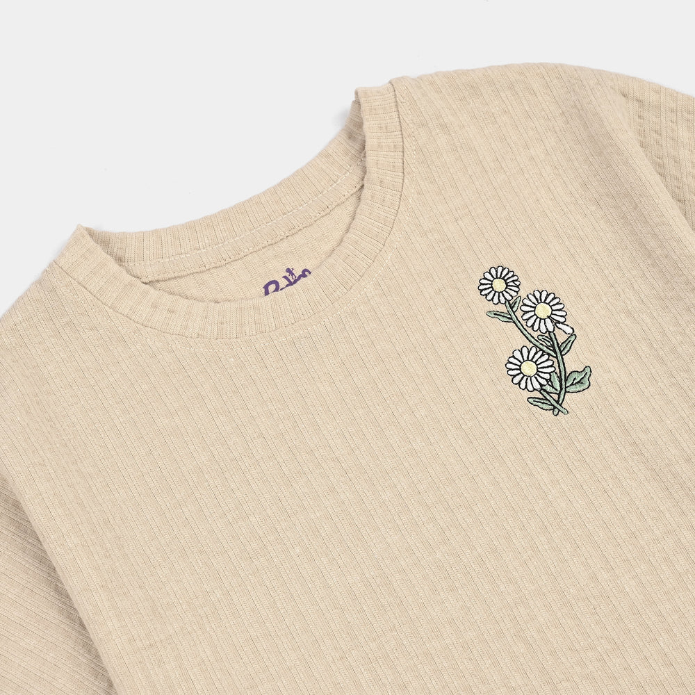 Girls Knitted Jacquard T-shirt Daisies-BROWN